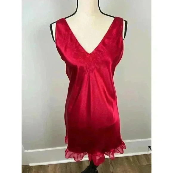 amanda stewart Other - Vtg Amanda Stewart Slip Dress Nightgown Satin Red Ruffles Embroidered S V-Neck